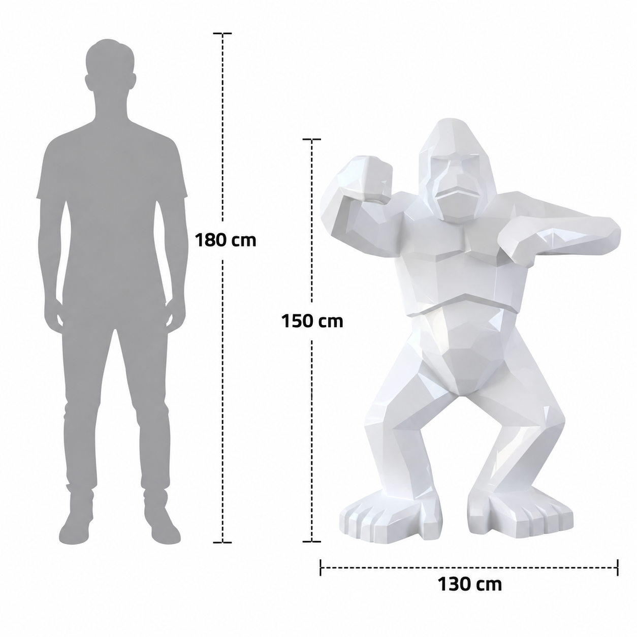 Kongari-collection-Blanc-Alpin-Laque-haute-brillance_hauteur_gorille_H150cm_vs_silouhette_H180cm_personne