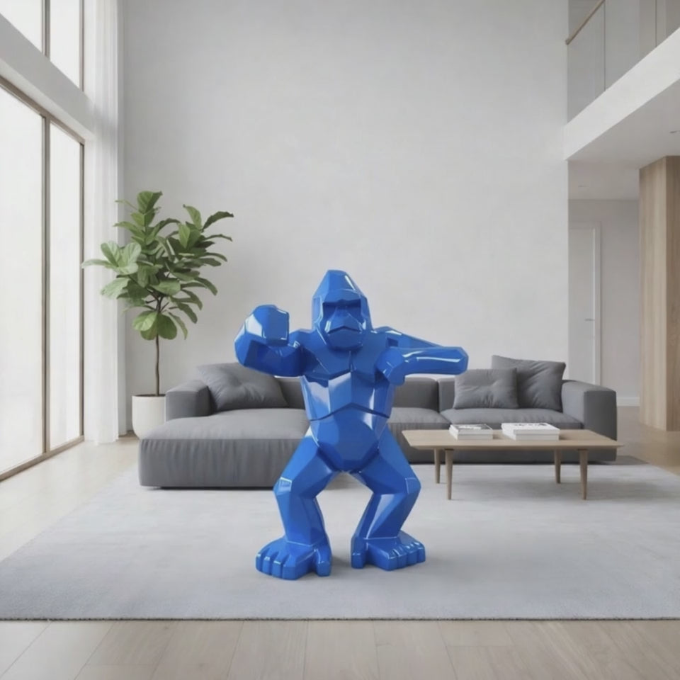 Gorille origami “Bleu Voltage” — Sculpture signature H150 cm